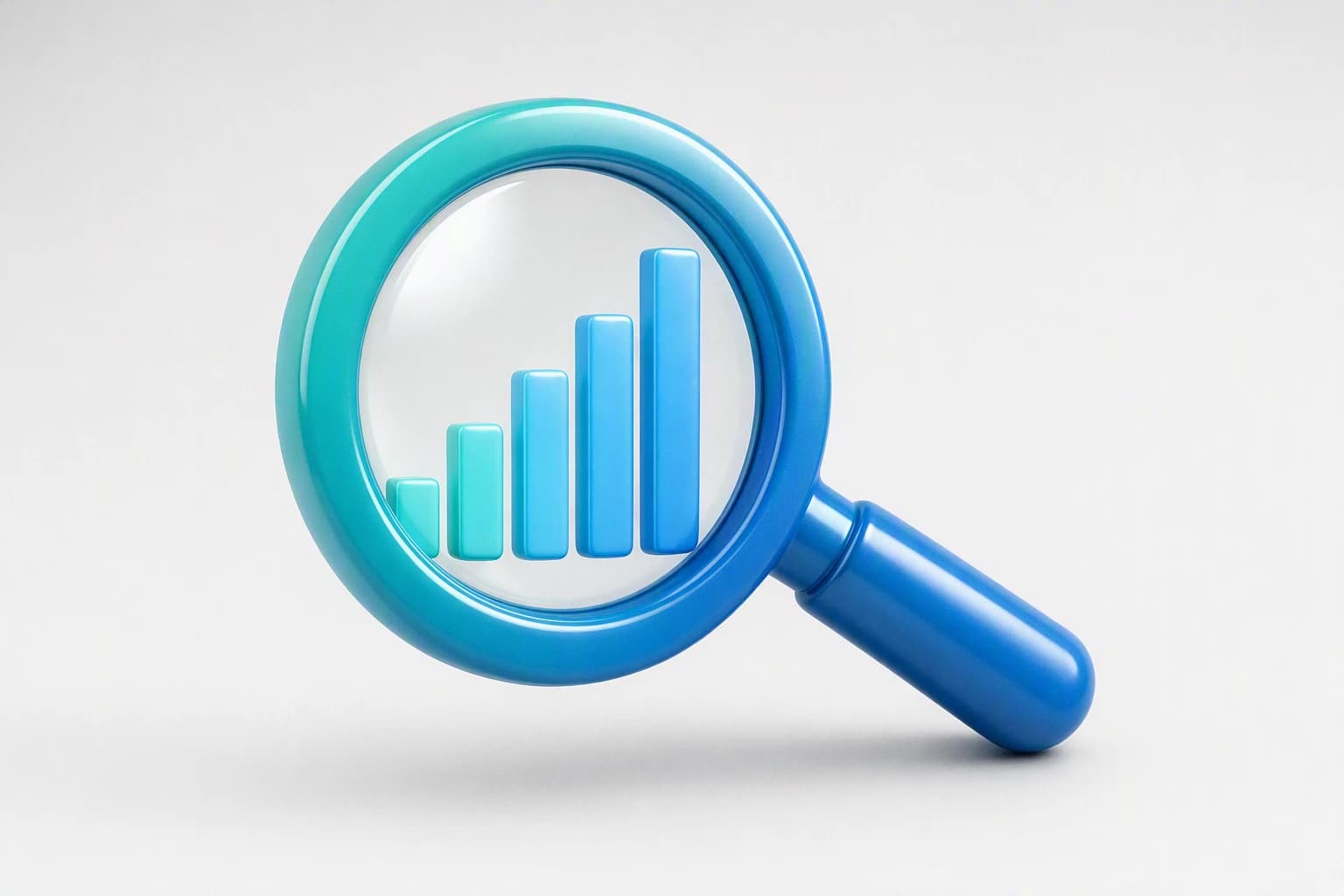 A magnifying glass revealing a rising bar chart, representing SEO rankings and organic visibility tracked and built over time