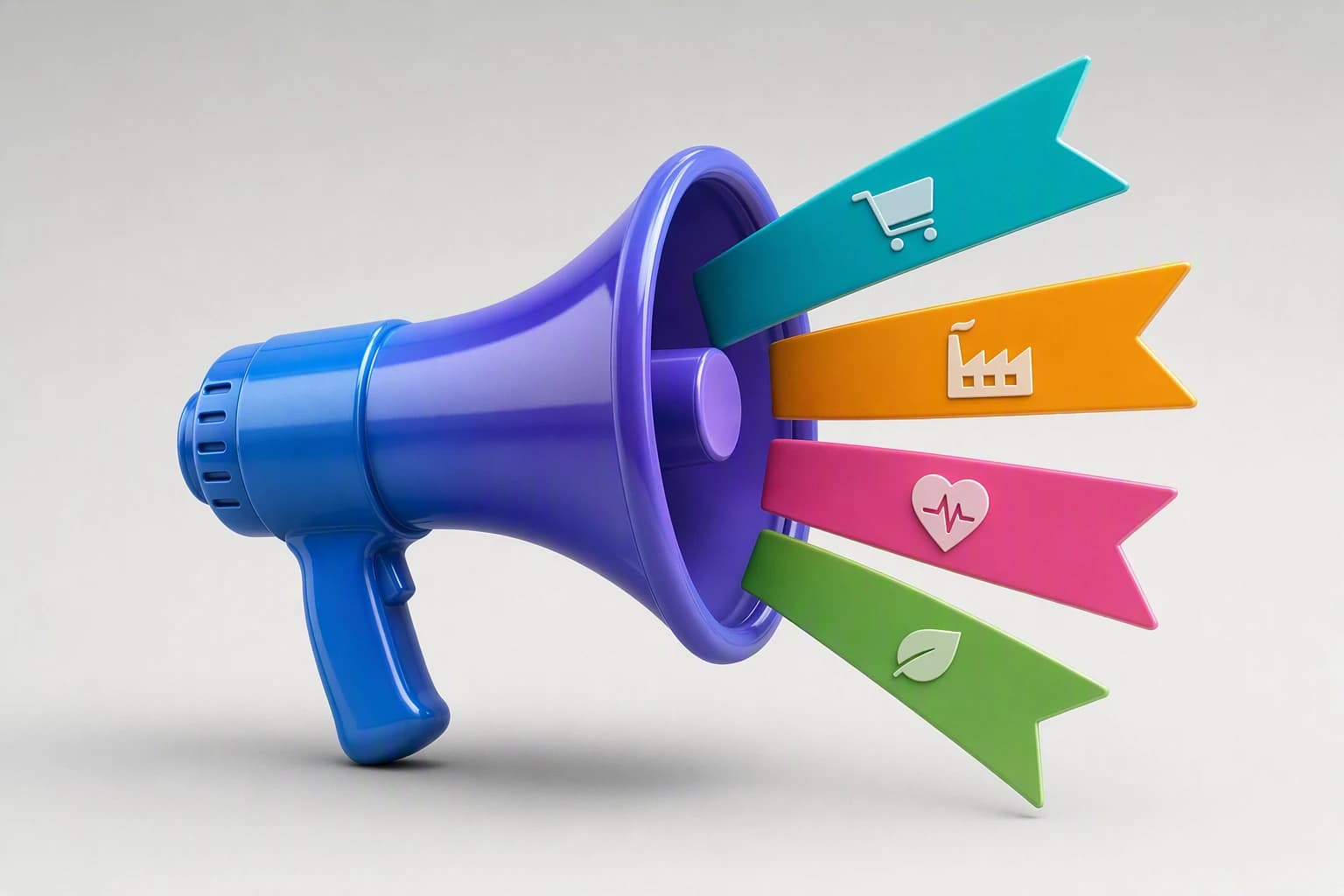 A megaphone broadcasting flags for different industries, representing a marketing approach adapted to fit each specific sector