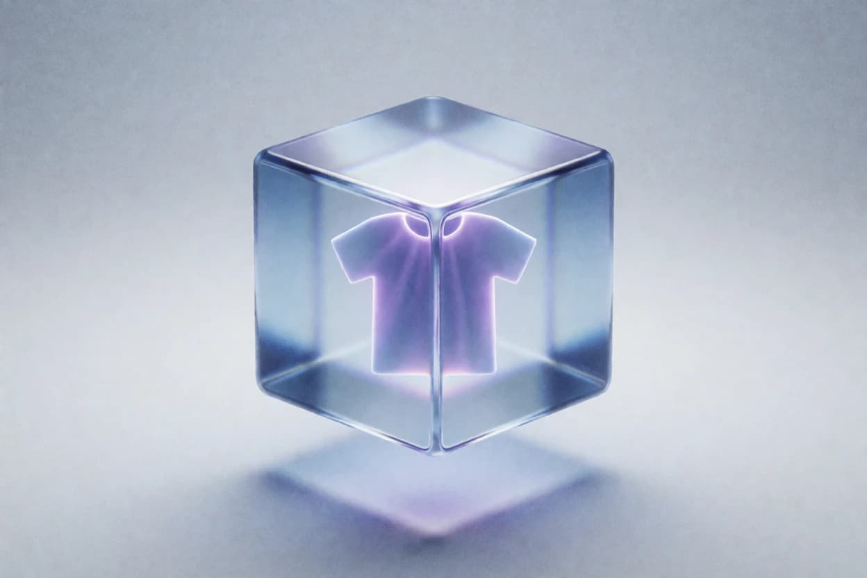 A glowing t-shirt inside a glass cube, representing a clothing brand built to run entirely online with no physical shop