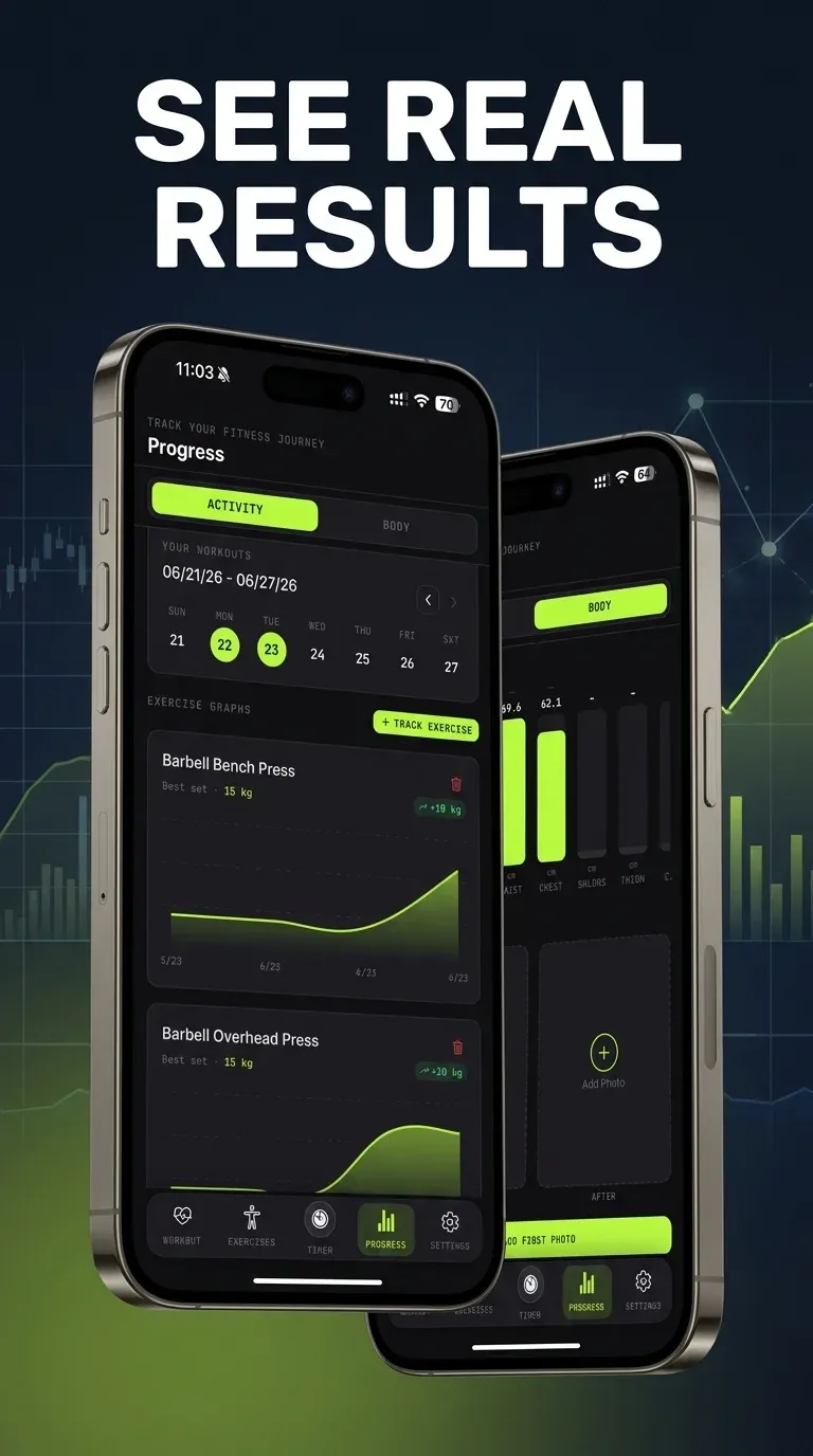 TMREEN progress screen — see real results with activity and body tracking charts