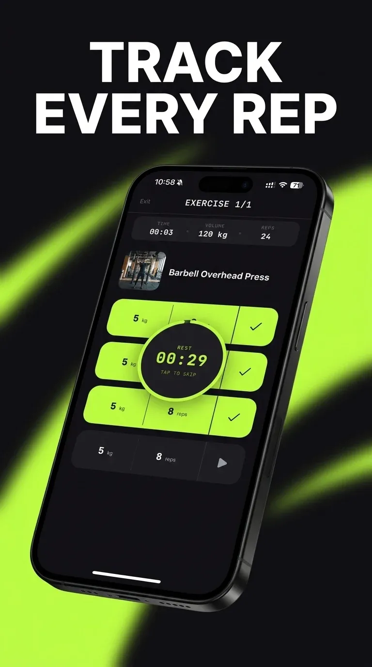 TMREEN app — workout execution screen showing rep tracking and rest timer