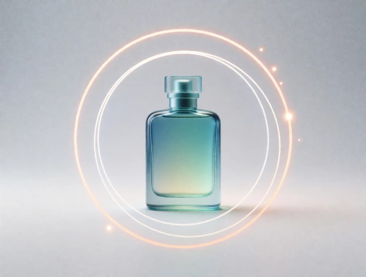 A perfume bottle glowing within radiant rings, representing ArabianMist at the start of its digital growth journey