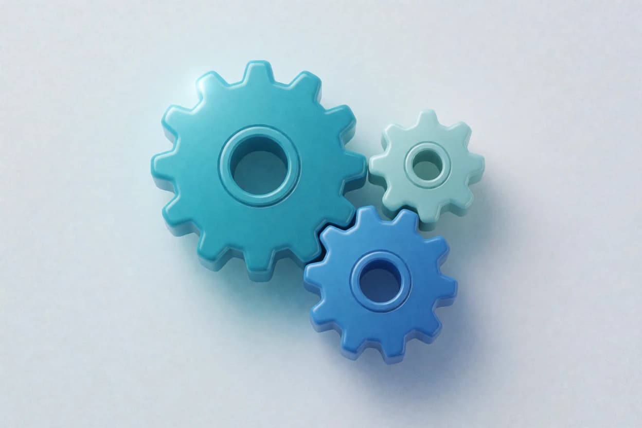 Three interlocking gears representing the integrated marketplace, payments, and fulfillment system built for ArabianMist