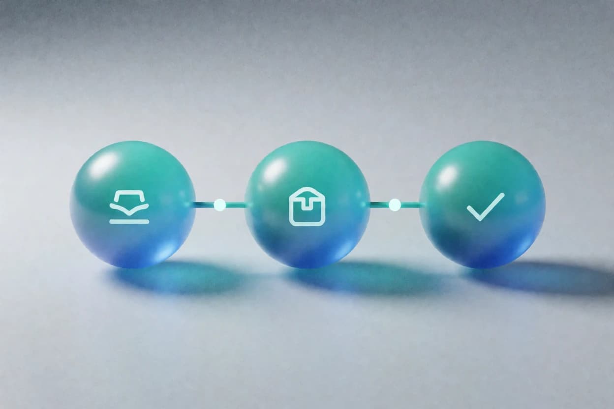 Three connected spheres showing an order received, packaged, and confirmed — representing ArabianMist's automated fulfillment workflow