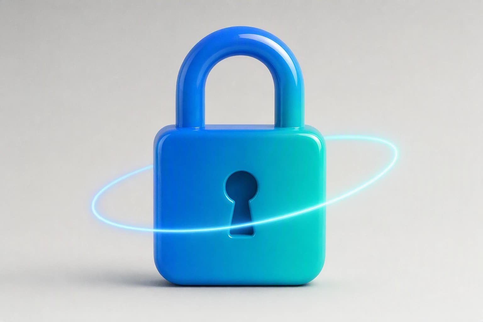 A padlock encircled by a continuous orbit, representing network security and firewalls monitored continuously, not configured once