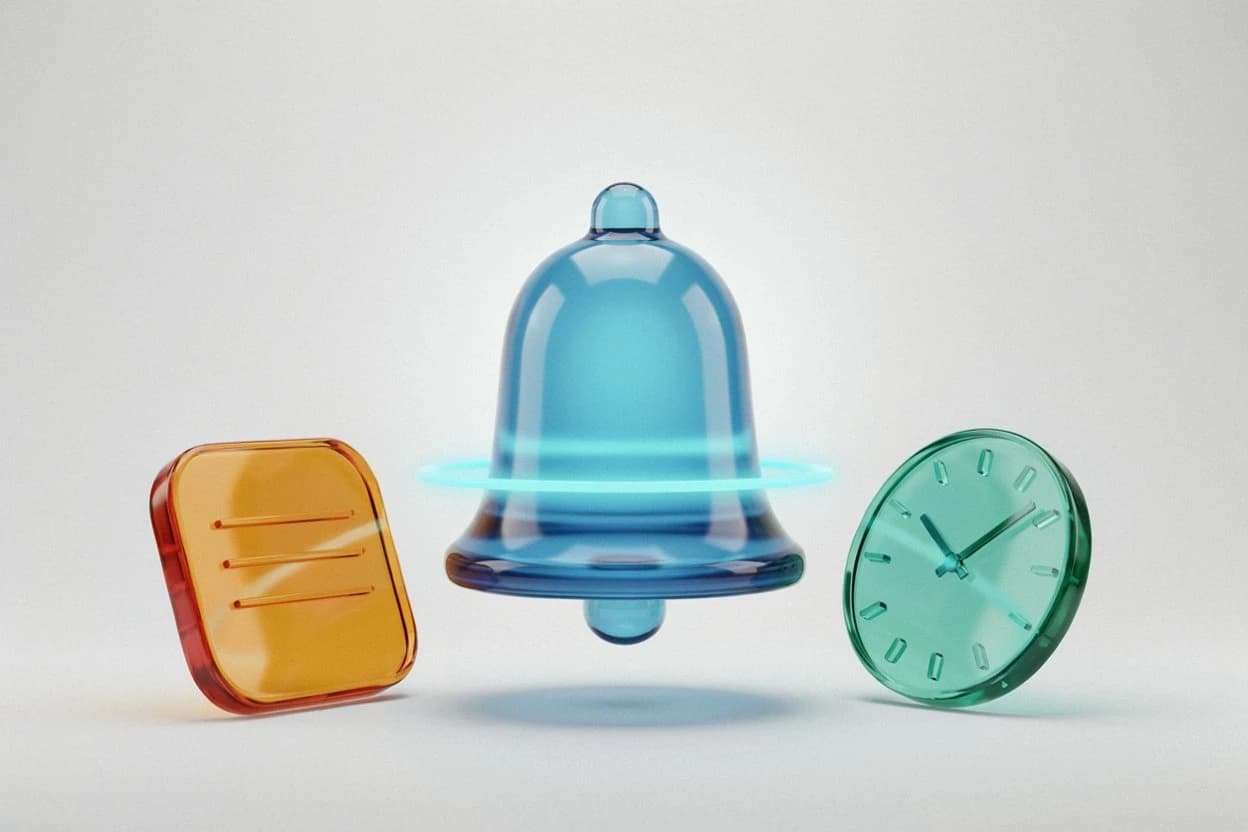 A reminder bell beside an intake form and a clock, representing appointment reminders and intake forms automated around patient care