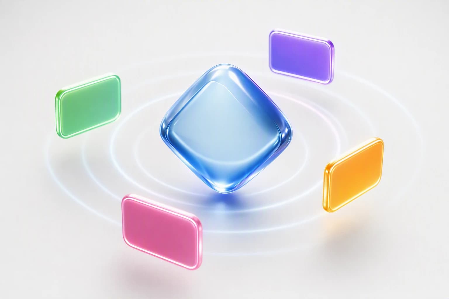 A central hub broadcasting outward to four connected panels, representing listings and marketing campaigns for an agency running automatically and continuously