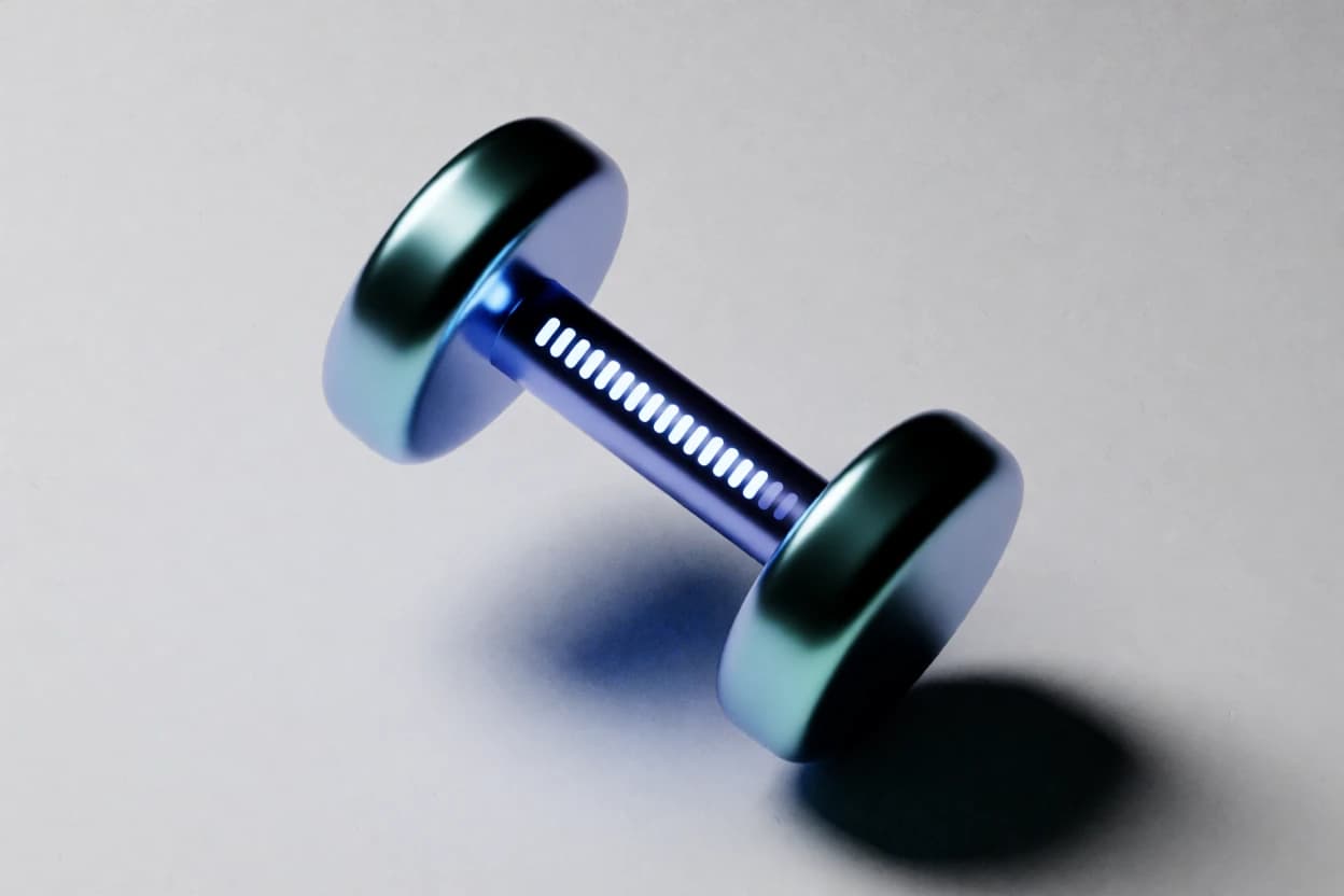 A dumbbell with a glowing, segmented handle representing structured workout tracking with real sequencing