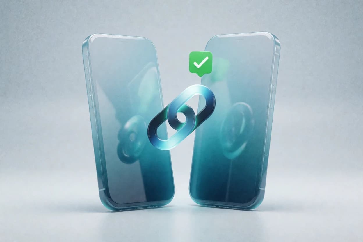 Two phones connected by a link icon, representing a trainer's workout plan shared and added to a client's schedule in one tap