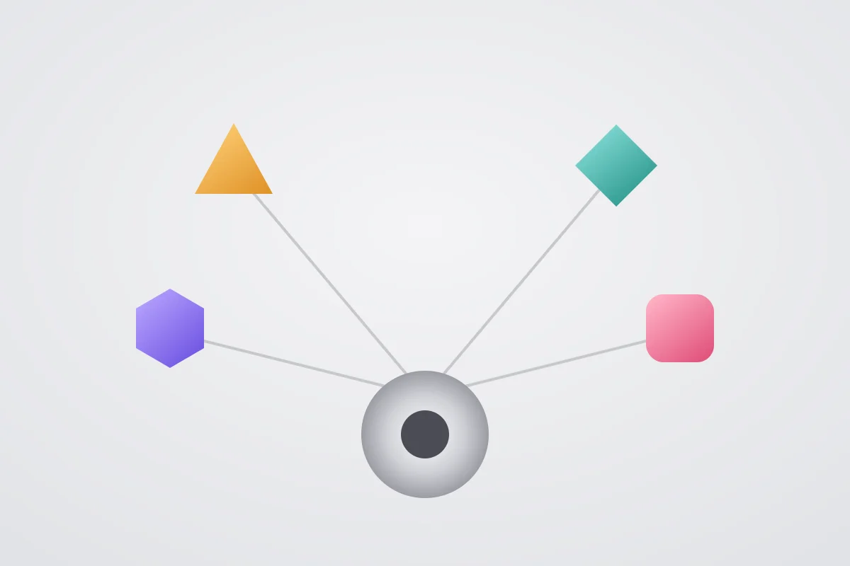 Abstract graphic representing different industry-specific bot flows routing to the same core system